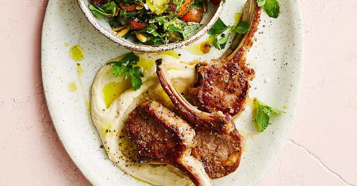 Lamb Cutlets With Hummus and a Mint and Almond Tabbouleh