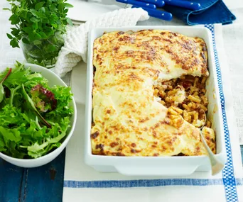 A baking dish filled with pastitsio, a baked pasta