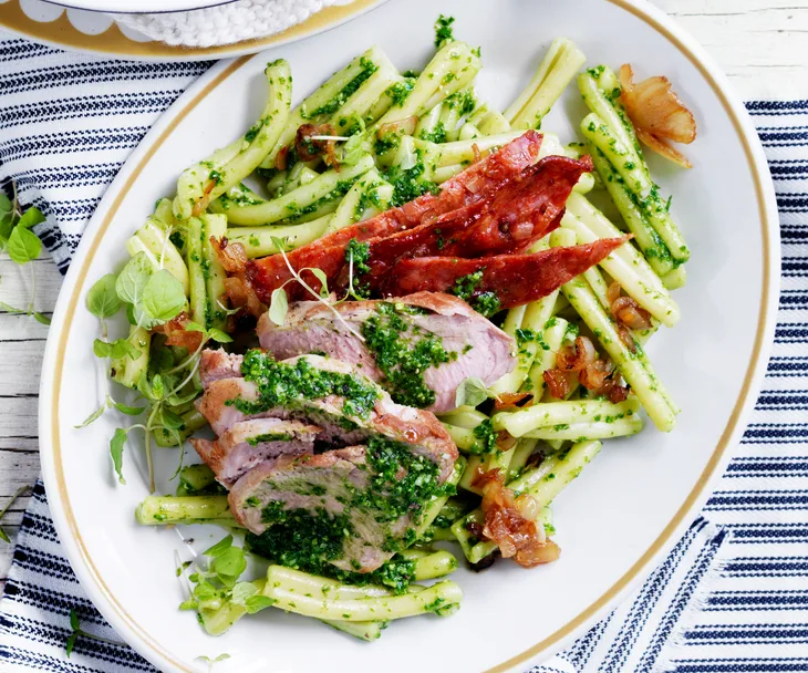 Pork, sopressa & kale pesto pasta