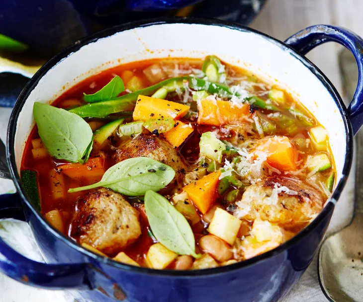 Cheat's minestrone with meatballs