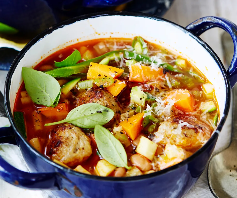 Cheat's minestrone with meatballs