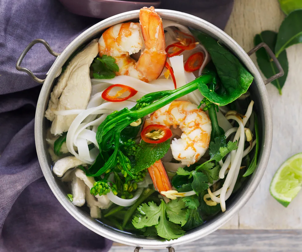 Bowl of chicken and prawn hot and sour soup