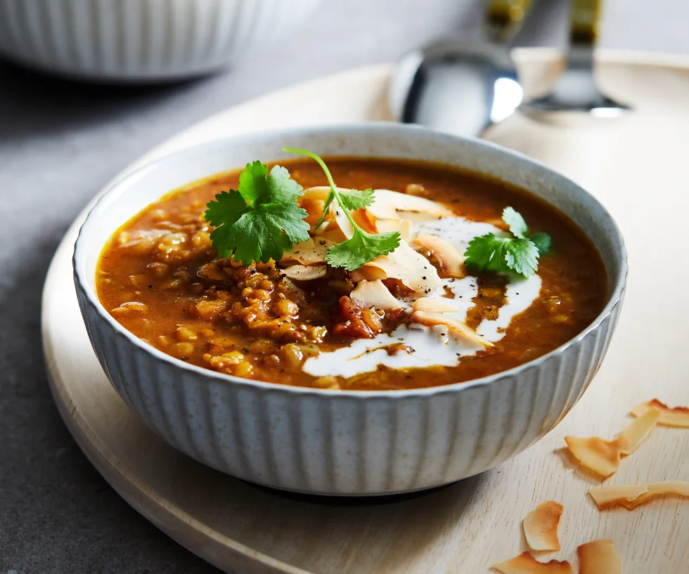 Bowl of Curried lentil & tomato soup