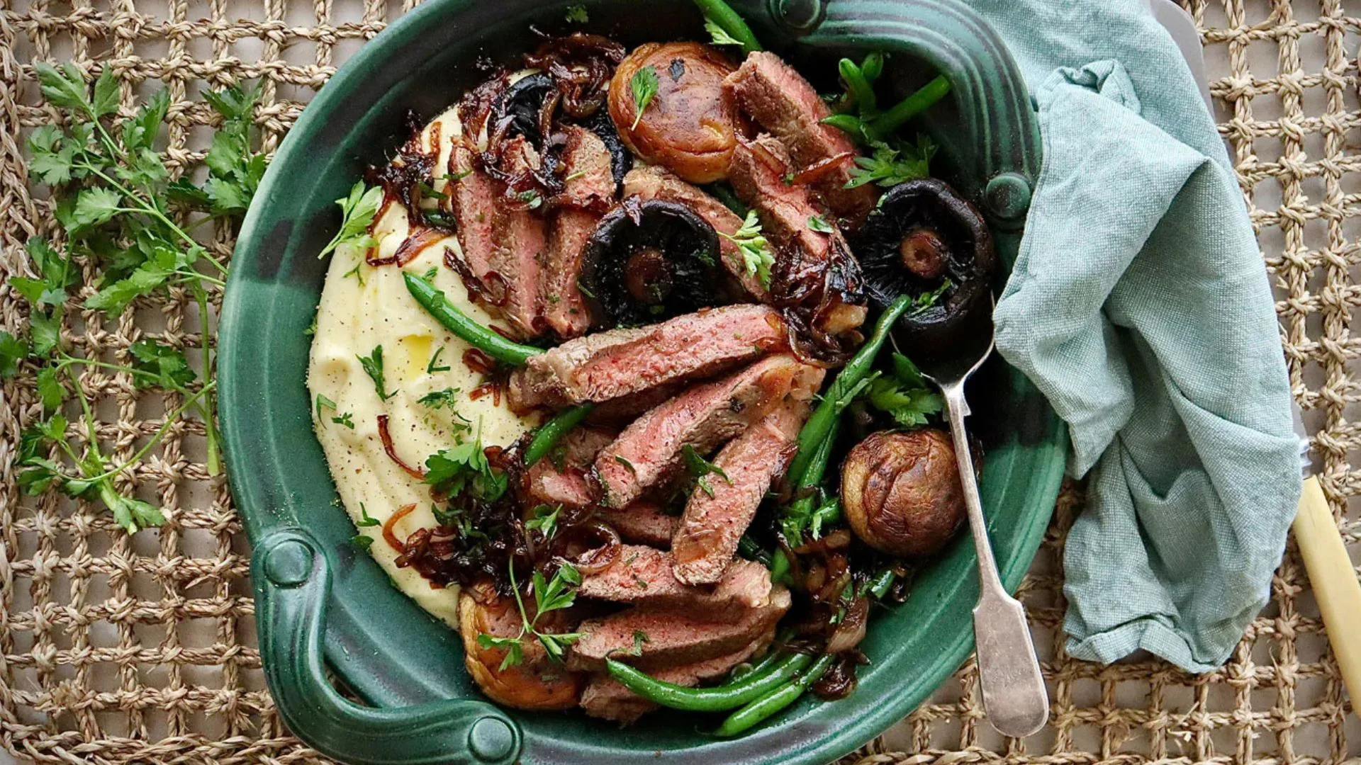 Harris Farm Markets Organic Porterhouse Steaks - with Mash Potatoes Green Beans Mushrooms and Balsamic Onions