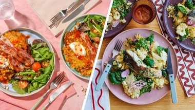 A split image featuring two meal kit meals. The left side, from HelloFresh, shows two plates of savory corn fritters topped with bacon and a fried egg, served with a side salad. The right side, from QuikeLike, displays two plates of what appears to be baked fish with roasted cauliflower, red onion, and spinach, alongside a couscous-like grain.