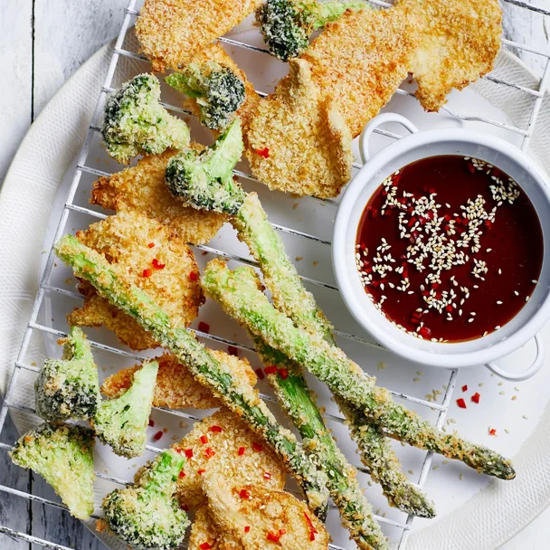 Air fryer sriracha vegetables tempura