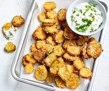 Air-fryer pickle chips with ranch dipping sauce