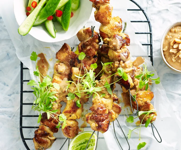 Satay chicken skewers