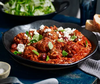Greek meatballs with fetta, oregano and risoni