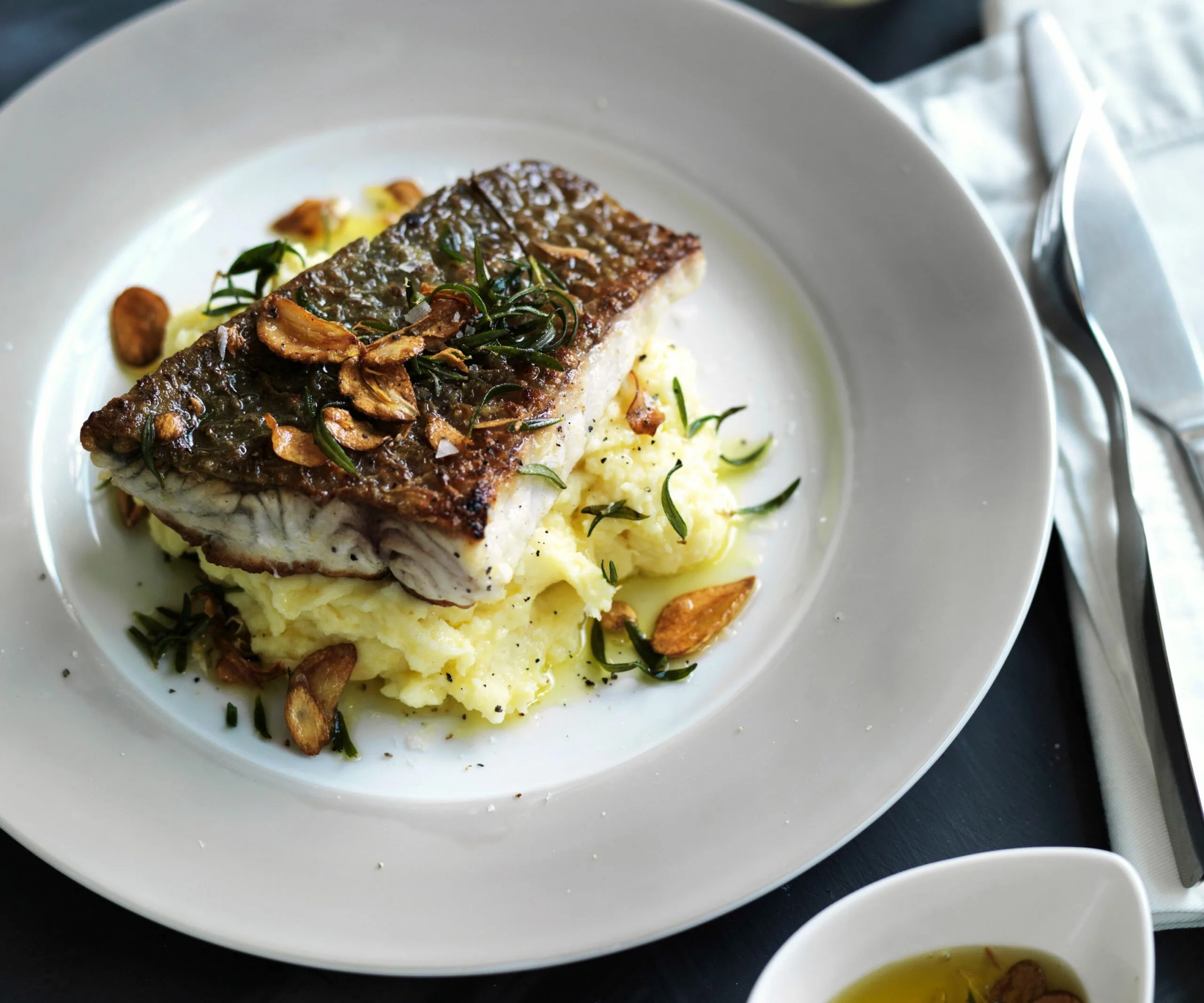 crispy skin barramundi with skordalia
