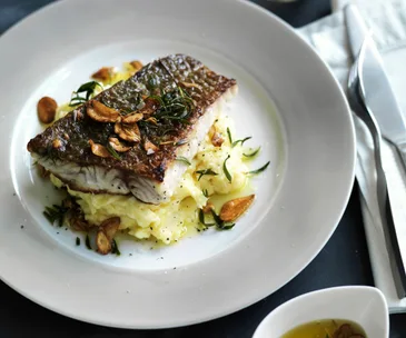 crispy skin barramundi with skordalia