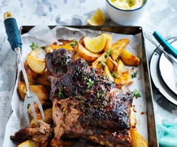 Slow cooked lamb with skordalia and lemony potatoes