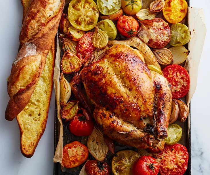 Garlic butter roast chicken with heirloom tomatoes