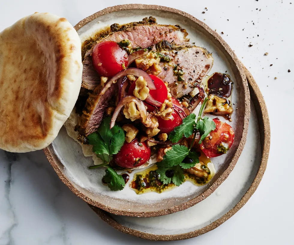 Chermoula butterflied lamb with walnut salsa