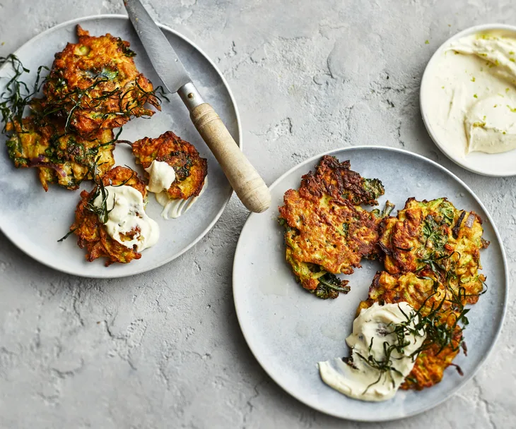 Zucchini fritters with makrut lime cr&egrave;me