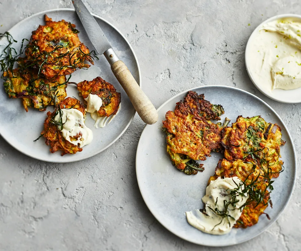 Zucchini fritters with makrut lime crème