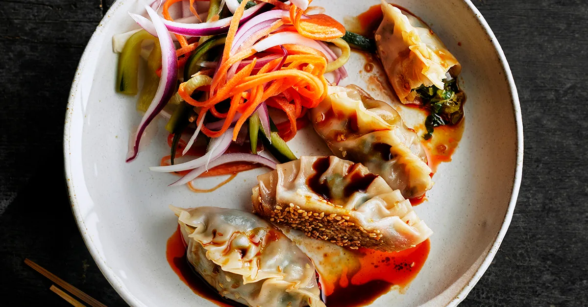 Pan-Fried Choy Sum Dumplings with Shredded 'Quickle'