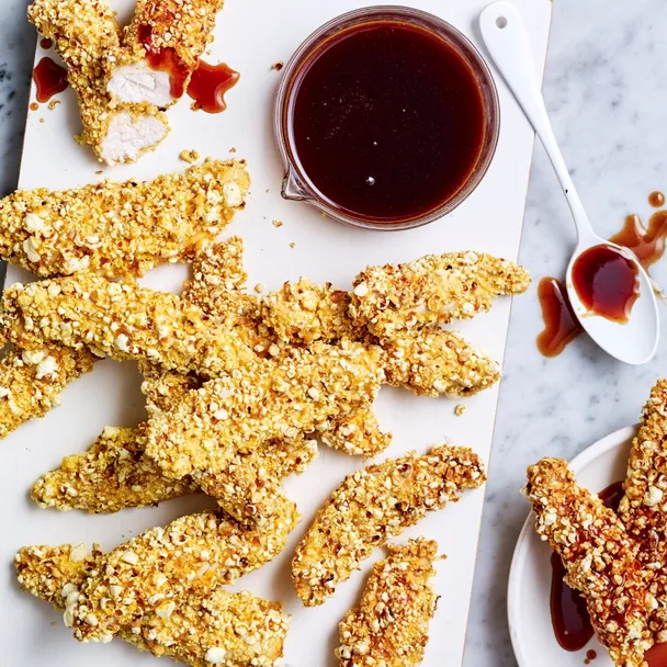 air fryer popcorn chicken with honey BBQ sauce