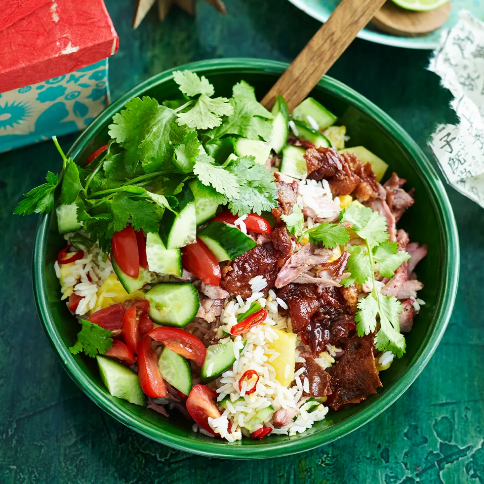 Aerial view of a bowl of duck fried rice.