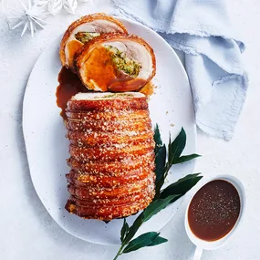 Aerial view of a roast pork with crackling.