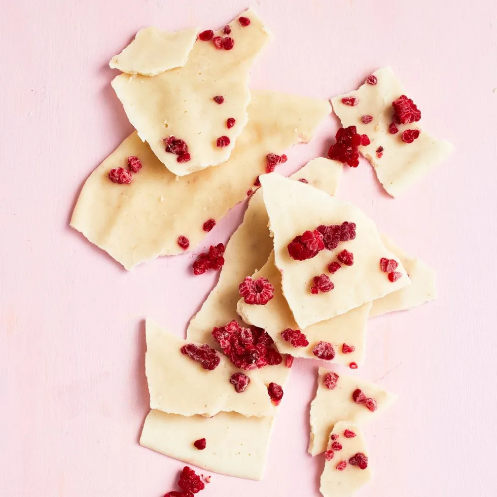 Shards of yoghurt bark dotted with raspberries