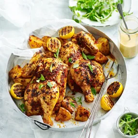 Butterflied piri piri chicken with roast potatoes in a round serving dish.