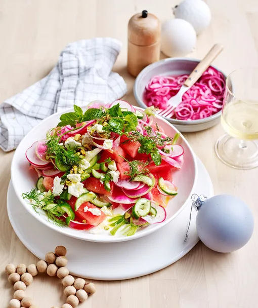 Watermelon & radish salad in a bowl