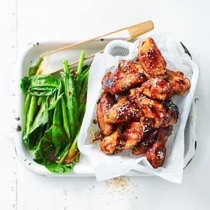 Hoisin chicken wings with gai lan