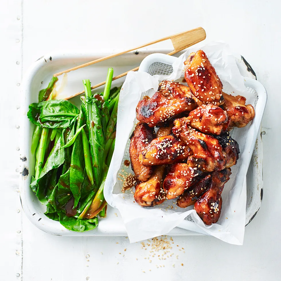 Hoisin chicken wings with gai lan