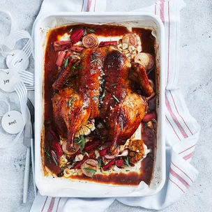 Roast duck with spiced glaze & rhubarb pan relish