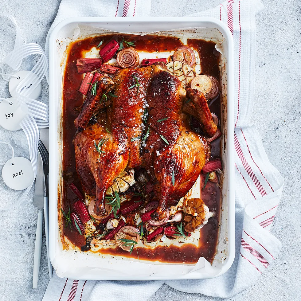 Roast duck with spiced glaze & rhubarb pan relish