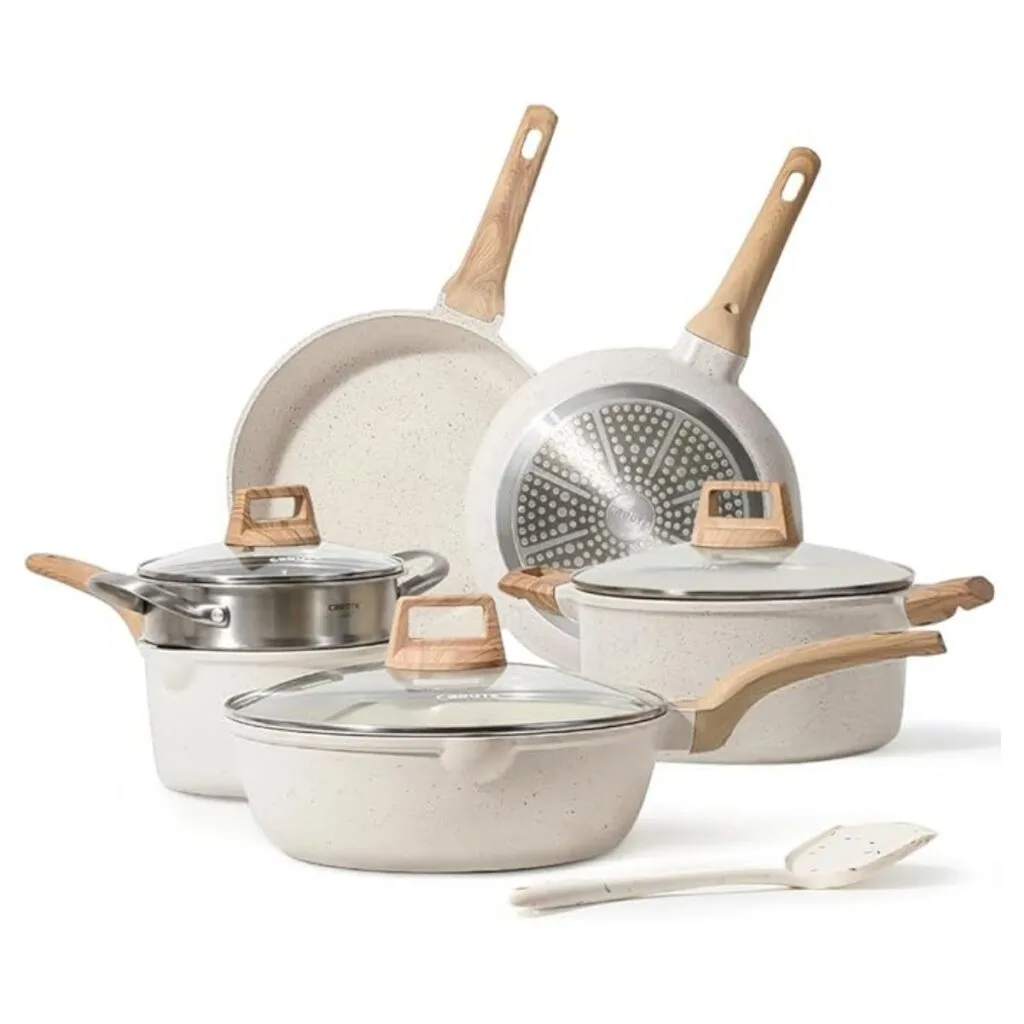 CAROTE Pots and Pans Set Nonstick White Granite Induction Kitchen Cookware Set 10 Pieces