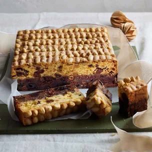 two toned fruit cake, sliced