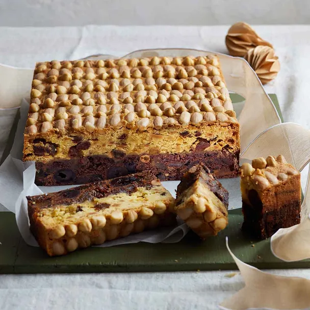 two toned fruit cake, sliced