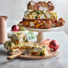 rocky road sliced on a cake stand