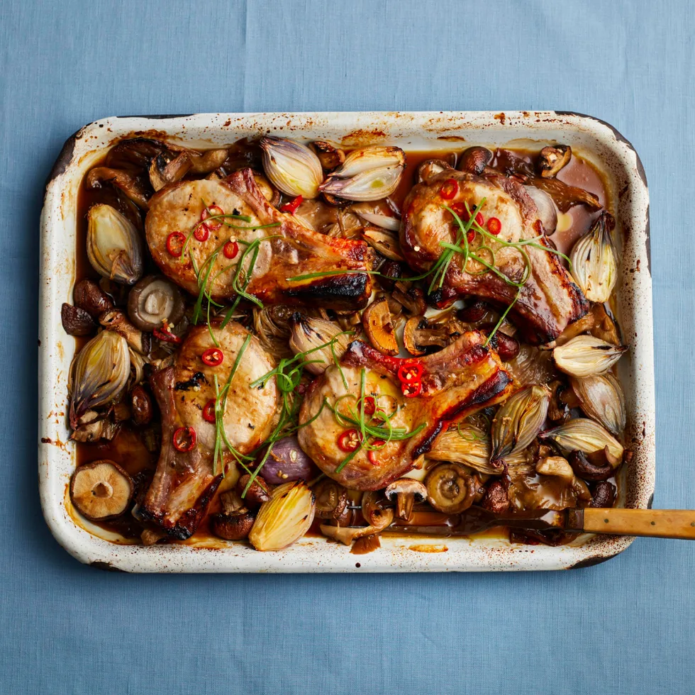 A pan of pork cutlets with sticky chill caramel dressing,