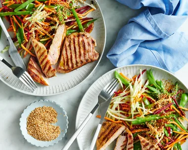 20-minute pork steaks with sesame Asian slaw