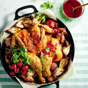 Crispy flat chicken with hot sour cherry sauce