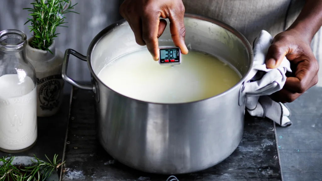 A thermometer in a big saucepan of milk, showing 38 degrees Celsius.