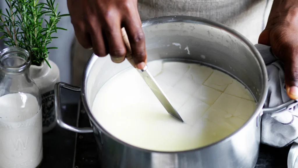 A person using a knife to slice 3cm square cubes of curd inside the large saucepan.