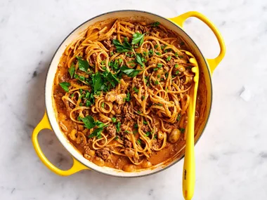 Beef stroganoff in a yellow pan