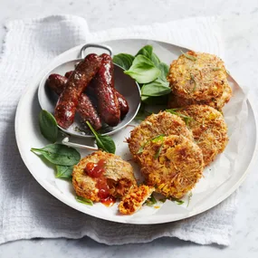 Cooked sausages on a round plate with sweet potato hash browns.