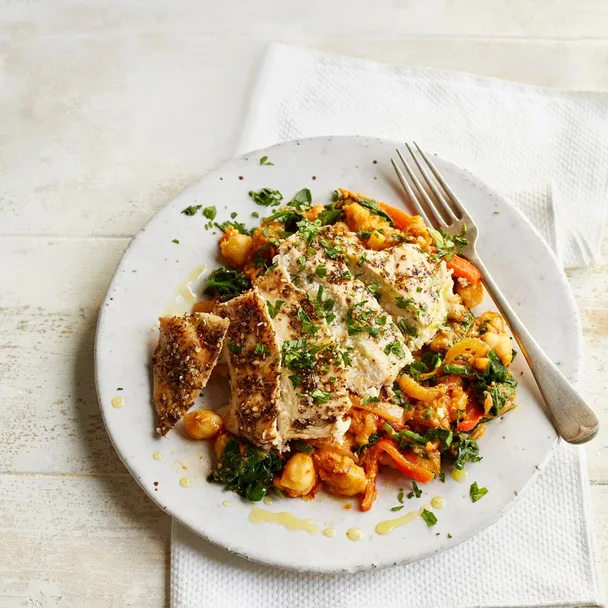 Chicken with crushed harissa chickpeas