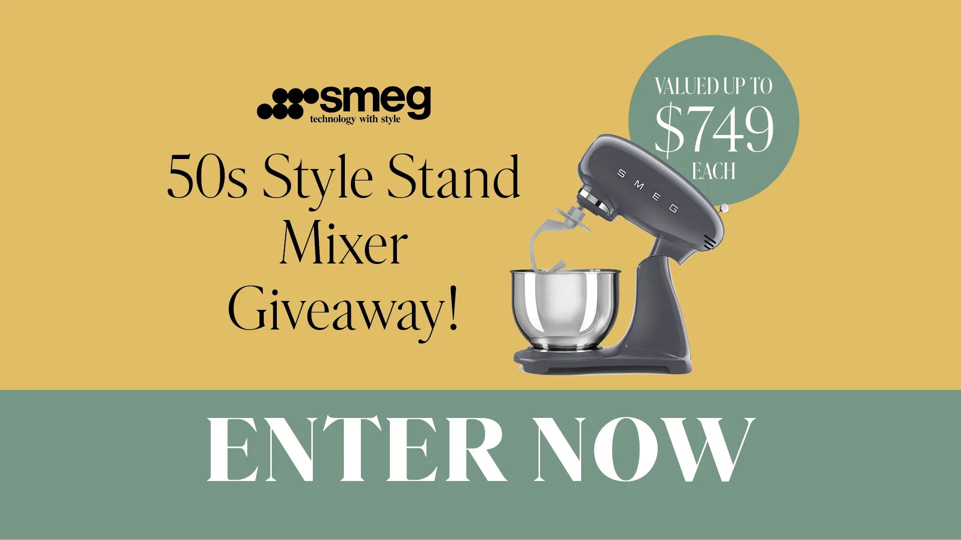Smeg 50s style stand mixer giveaway ad, valued up to $749.