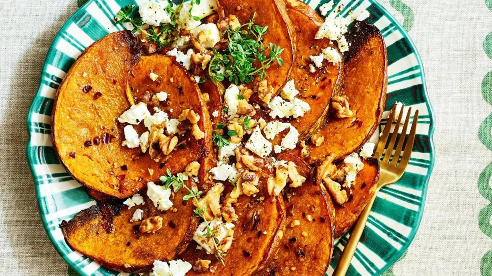 Roast pumpkin wedges with walnuts & fetta