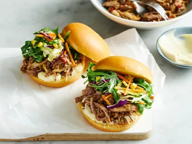 Lemongrass and ginger pulled pork burgers