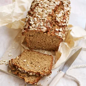 Bircher banana bread, fresh from the oven and sliced, ready to serve.