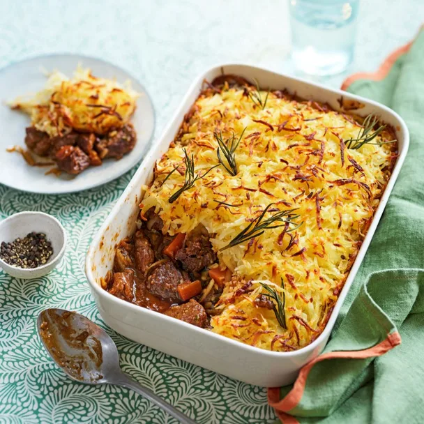 Slow cooked lamb pie with potato rosti