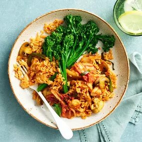 Kimchi fried rice with broccolini in a bowl