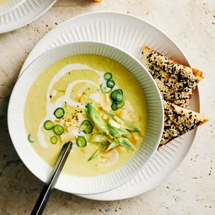 Sweetcorn and coconut soup with prawn toasts on the side